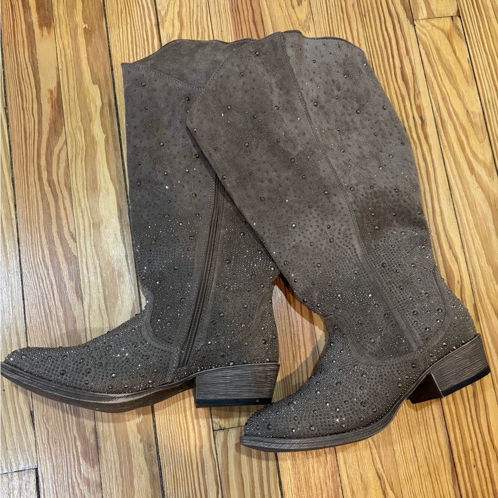 Sparkly Brown Studded Knee-High Boots